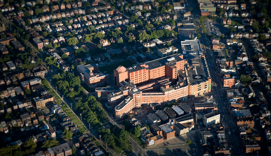 Aerial photograph of West Penn Hospital in Pittsburgh, Pennsylvania.