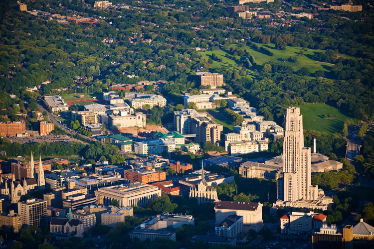 Aerial photograph of the University of Pitt and Carnegie Mellon University.