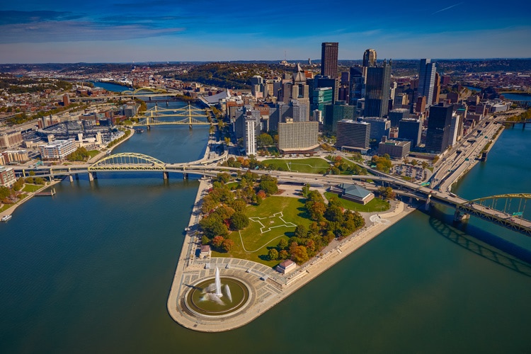 Aerial photo of downtown Pittsburgh and the point from over the river.