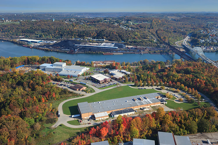 Aerial photograph of warehouses by the monongahela river.