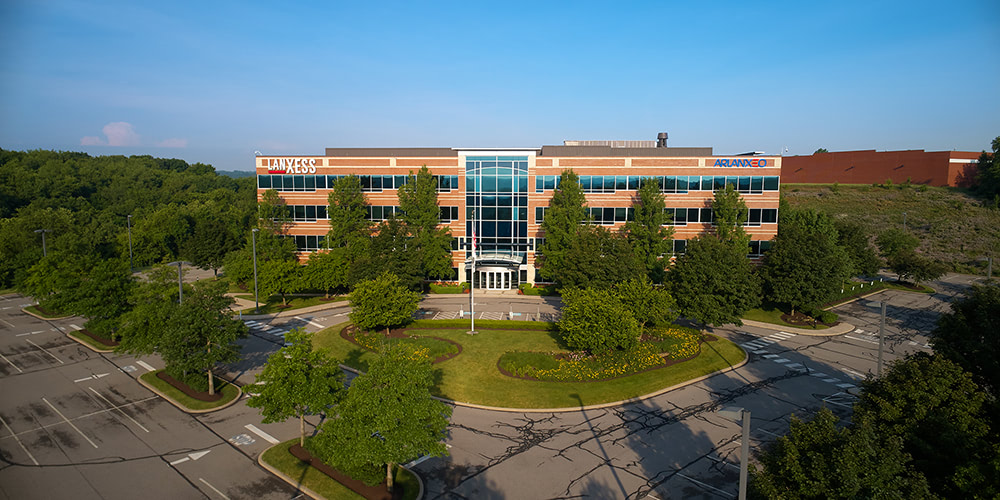 An areial shot showing the office building of Lanxess.